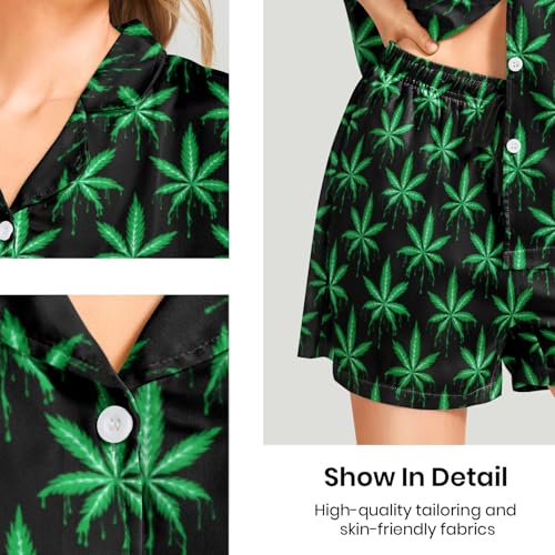 Image of Silk Satin Pajama Set for Women Summer Lounge Pjs Sets 2 Piece Suit Ladies Button Down Tops And Shorts Sleepwear