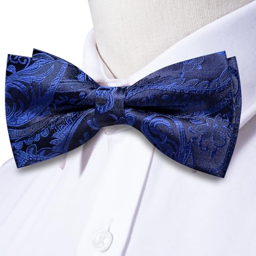 Image of Hi-Tie Bow Tie Men Pre Tied Bowtie Pocket Square Cufflinks Lapel Pin Formal Wedding Bow Ties for Men Party Tuxedo Bowtie Set,Blue Paisley Floral