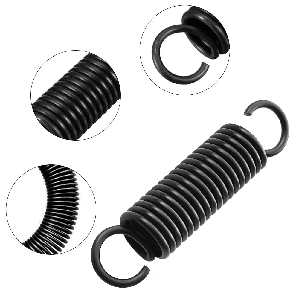 4 x stalowe sprężyny przedłużające 80 mm. Średnica sprężyny 18 mm. Grubość drutu 2,5 mm. 4 Czarne sprężyny z podwójnym hakiem. Silne i rozciągliwe napinacze