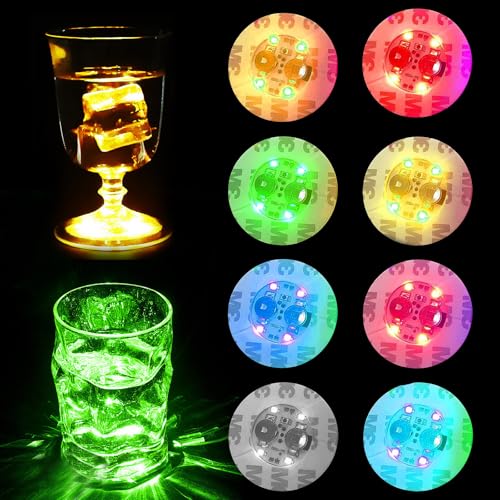 YOUYIKE 8 Stück LED-Untersetzer LED Sticker Stimmungslichter Bunt LED Untersetzer Leuchtuntersetzer Rund 3 Lichtmodi für Hochzeiten Bar Geburtstage Leuchtende Untersetzer Gläser Party