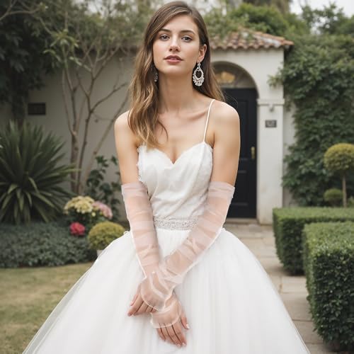 Long Wedding Tulle Gloves Bridal Gloves Elbow Length Sheer Glove Opera Glove Detachable Sleeves for Wedding Dresses4