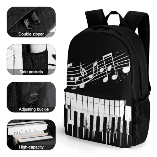 Womens Fashion Backpack, Black And White Piano Keys with Musical Notes Comfortable Versatile Commute Backpack with Side Pockets, Reusable Daypack for Travel3