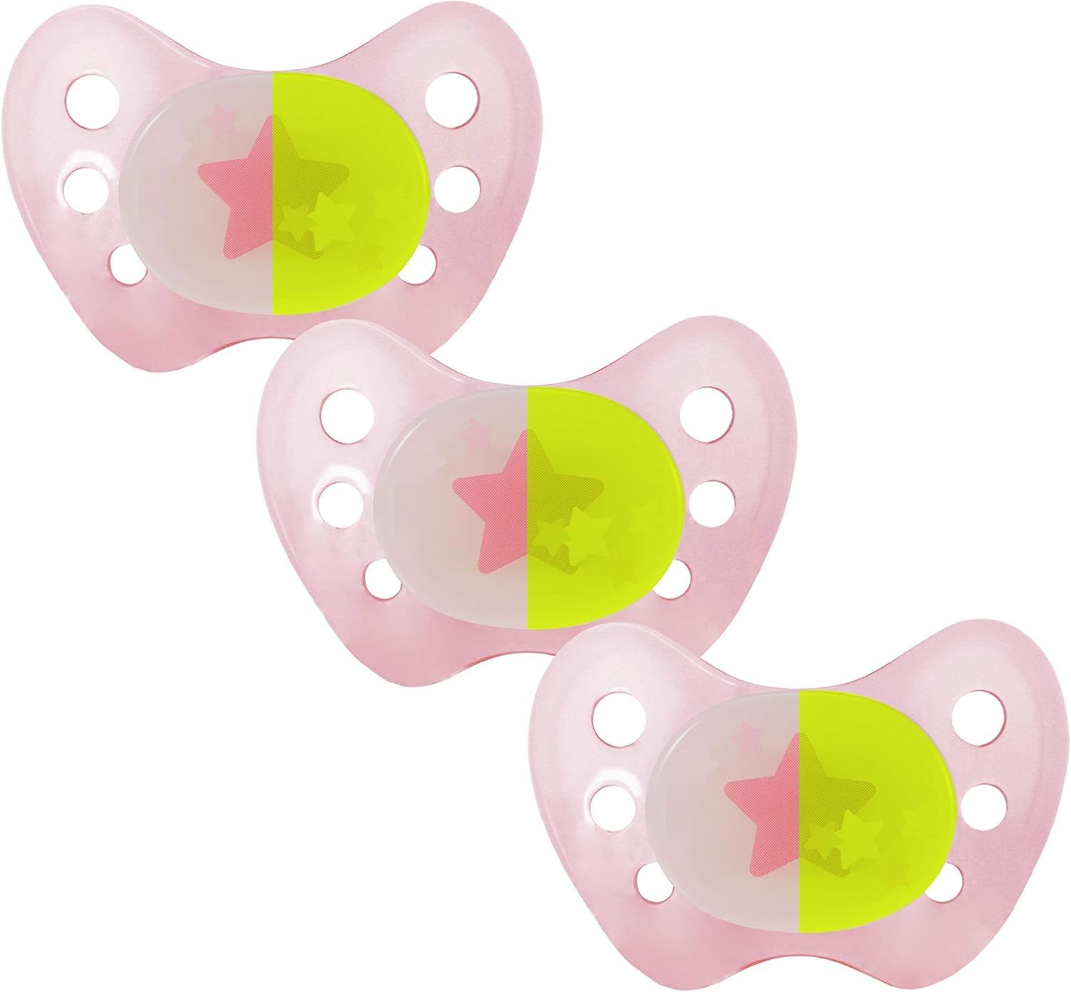 dentistar Night Latex Schnuller 3er-Set – Größe 3, ab 14 Monate – Zahn- & kieferfreundlicher Leuchtschnuller für die Nacht – Rosa mit Stern-Motiv, leuchtet im Dunkeln – Made in Germany