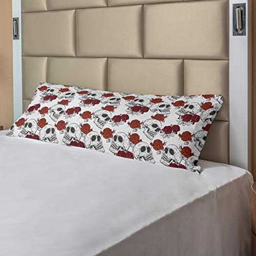 Ambesonne Skull Body Pillow Case Cover With Zipper, Retro Gothic Dead Head Skeleton With Roses Halloween Theme Spooky Trippy Romantic, Decorative Accent Long Pillowcase, 21" X 54", Grey #TOP1