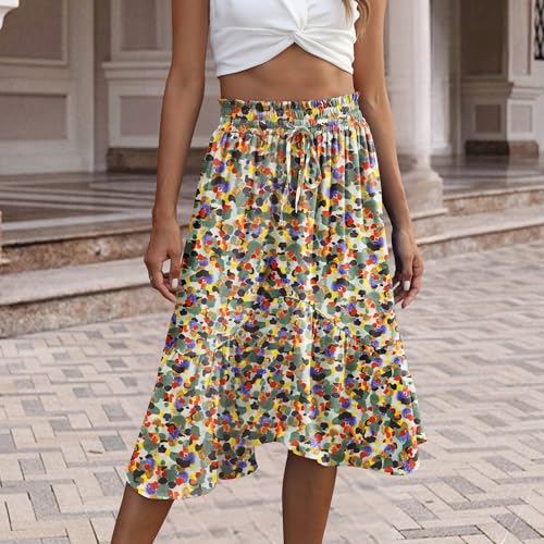 Womens Midi Skirt High Waist Elasticized Waistband Casual A Line Boho Swing Flowy Trendy Skirts Floral3
