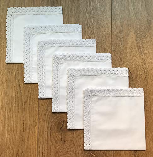 White Cotton 11"X11" Lady's Handkerchiefs With Lace Edge, Set Of 6 #TOP3