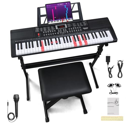 Ktaxon 61 Key Keyboard Piano Electric Keyboard w/Lighted Keys, Electric Piano Set with Headphones, Microphone, Music Rest, Power Adapter, Stand, Piano Bench and Manual (Full-Black)