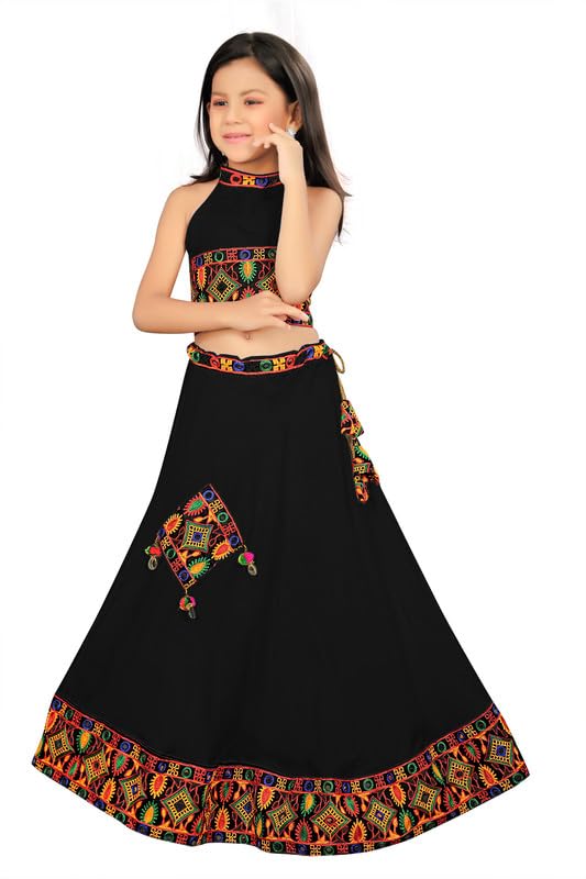 EXGLOWKids Embroidered Traditional Ghoomar Lehenga Choli |Chania Choli|Radha Dress|Navratri/Dandiya/Garba Dress for Girls (4 To 5 Year) Black Color