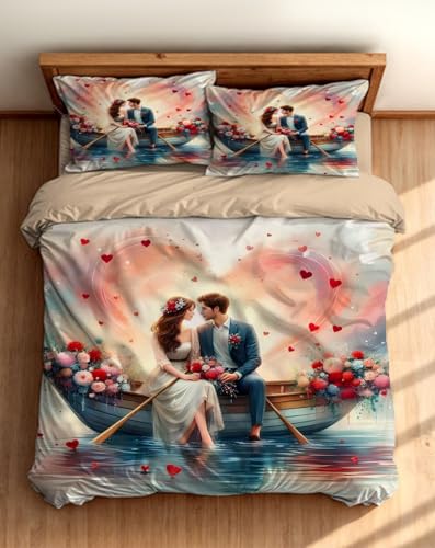 Glace Cotton 7D Digital Printed, King Size Flat Bedsheet | 400TC, Luxury Quality, Heavy Bedsheet with Two Pillow Covers | 225X250 CM (90X100 Inch) Variant Designs (Heart Love Couple)