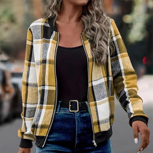 Bomber Jacket Women Plaid Shacket Lightweight Zip Up Fall Jackets Vintage Casual Winter Coats Y2K Fall Outfits Outwear2