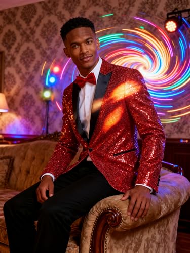 Image of Barry.Wang Mens Sequins Blazer Sparkle Dress Suit Jacket Cocktails Shiny Metallic Disco Dance Party Tuxedo Homecoming