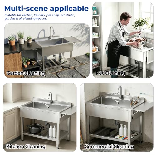 Image of Foldable Stainless Steel Utility Sink, Freestanding Sink with Hot & Cold Water and Folding Side Table, Space Saving for Kitchen, Bathroom, Garage, Laundry Room, Pet Washing