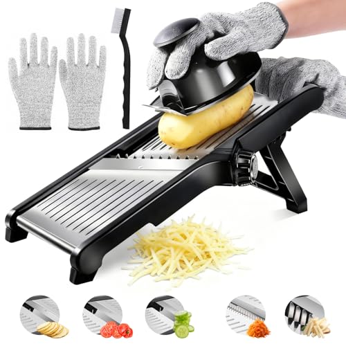 Zencantorous Mandolina de Cocina Profesional, Cortador de Verdura de Acero Inoxidable, Mandolina Multifuncional Ajustable, con Cepillo de Limpieza y Guantes Anticorte, para Cebolla, Tomates, Patatas