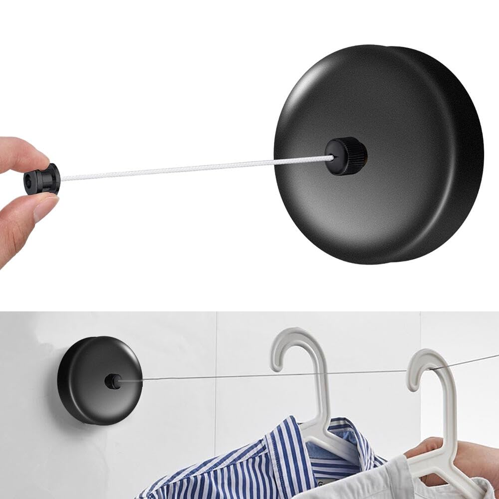 Goodern 2.8m Stainless Steel Retractable Clothesline,Portable Duty Indoor and Outdoor Washing Line with Wall Mount,Easy Installation Telescopic Invisible Balcony Clothes Line for Hotel Bathroom-Black