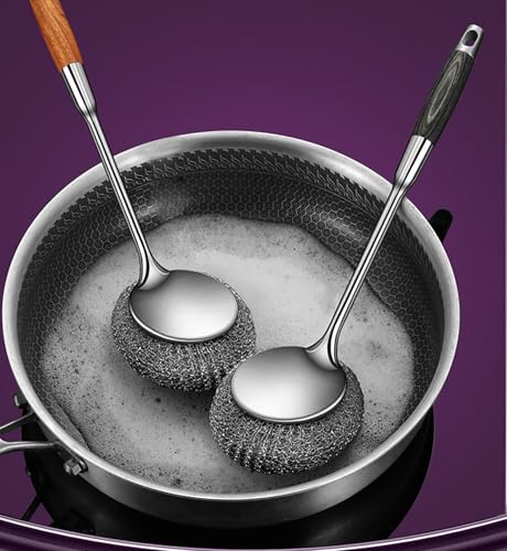 Image of Long Handle Steel Wire Ball, Bold and Thickened 14.5 Inch Stainless Steel Ball Brush and 2 Additional Wire Balls for Pot, Bottle and Closestool (Wood)
