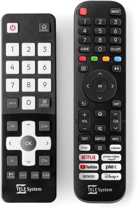 Two TELE System remote controls, standard and easy