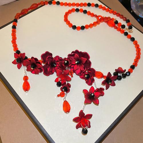 Kokoma Red Floral Beaded Waist Belt for Dress Jeans Beads Crystal Flower Tassel Charms Dangle Drop Waist Belts for Halloween Costume Party4