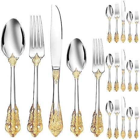 Cutlery Set Pieces Service Stainless Steel Titanium Flatware,Vintage Embossed Gold Flower Stainless Steel Silverware Cutlery Set for 4 People 20 Pieces (Gold Inlay)
