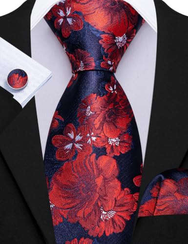 Image of Barry.Wang Flower Ties for Men Silk Woven Floral Tie Sets Necktie Handkerchief Cufflinks Wedding Party