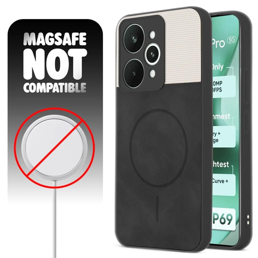 Image of Bintage case Dual-Leather Macc-Safe Design Phone Case| Soft Touch Finish | Full Camera Protectection Back Cover Compatible for Realme RMX5106 /Realme 15 5G - White & Black
