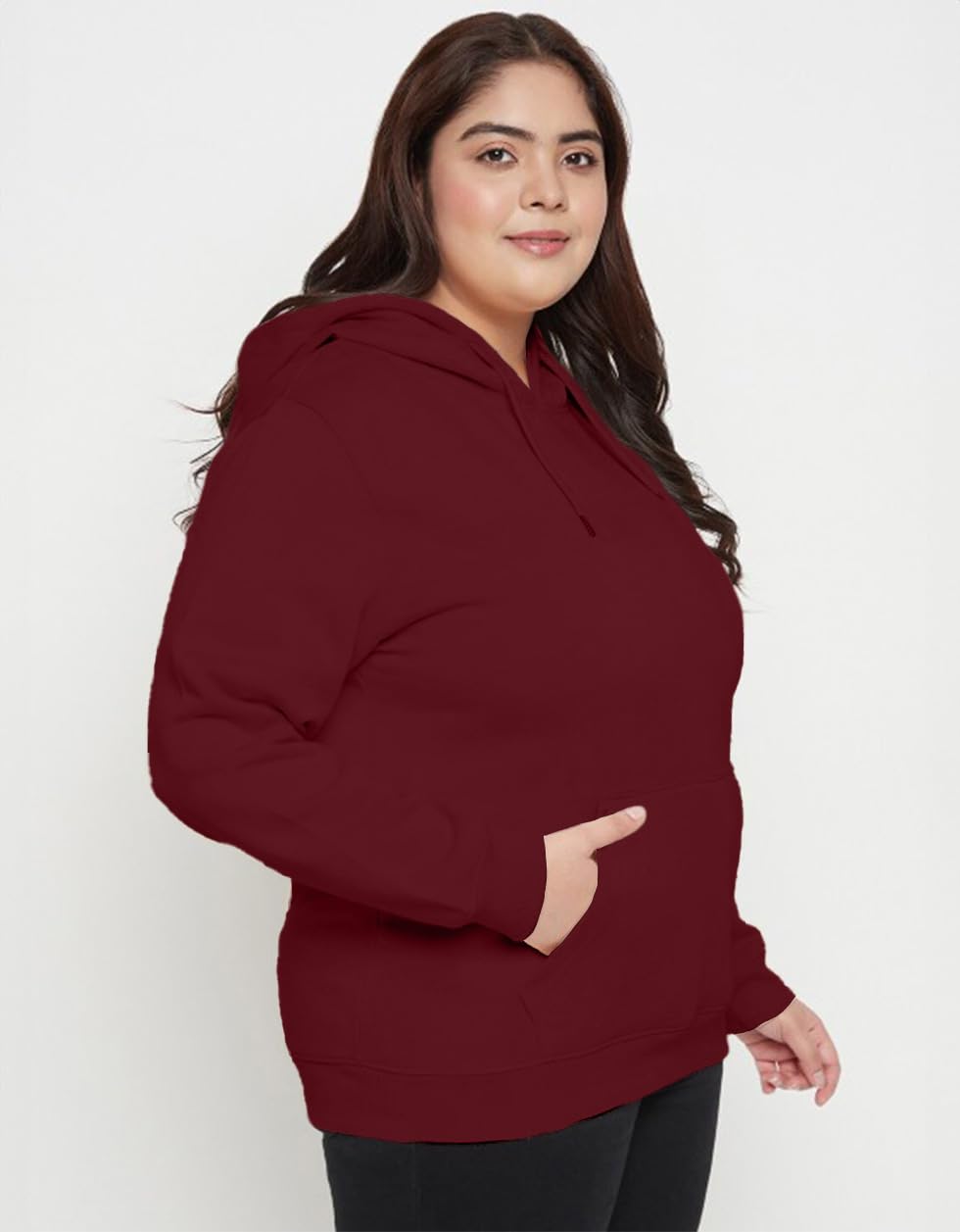 JUNEBERRY Damska bluza z kapturem z bawełnianego polaru, regularny krój, jednokolorowa, plus size (dostępne kolory: czarny, liliowy, brązowy, musztardowy, pesta, fioletowa)