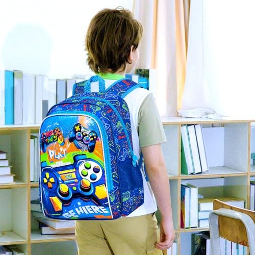 Image of Gamer Backpack for Boys, 16 inch Kids Bookbag with Lunch Box, 3Pcs Gaming School Backpacks for Elementary Preschool Kindergarten (Blue)