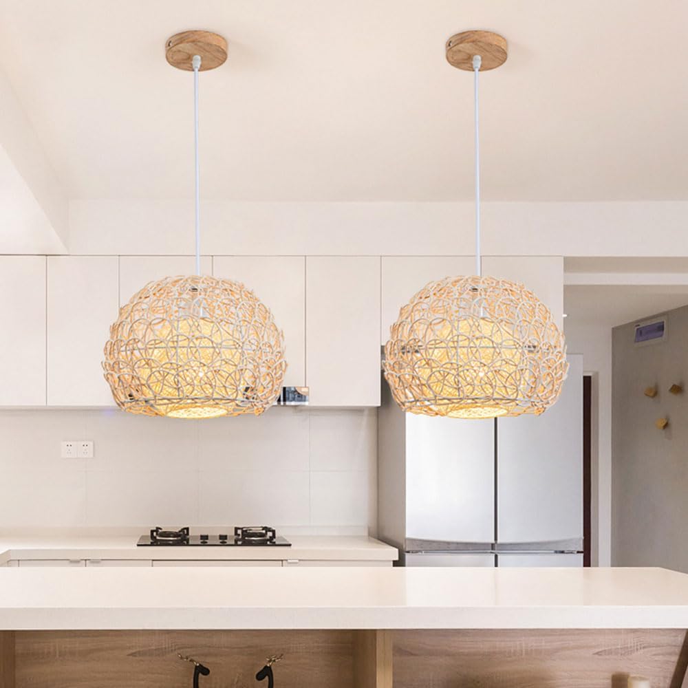 Coastal Light for Kitchen Island Minimalist Lighting with Hand Woven Rattan Cage Shade, Boho Coastal Chandelier Light Fixtures Round Hanging Lamp for Living Room Porch/40Cm