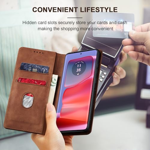 Image of Jasonyu Case for Motorola Edge 50 Pro Leather Wallet Flip Cover with Card Holder,Kickstand, Magnetic Closure,TPU Shockproof Phone Case Compatible with Moto Edge 50 Pro (Brown)