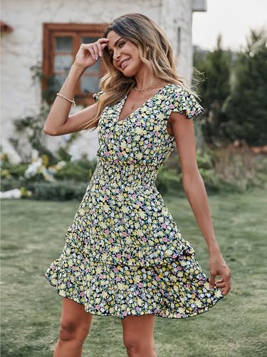 Image of PRETTYGARDEN Womens Summer Dresses Boho V Neck Floral Print Ruffle Sleeve Layered Mini Dress Cute Smocked Waist Short Dress