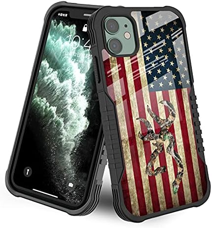LANJINDENG iPhone 11 Case Camo Deer American Flag Design for Men, [Shockproof] [Anti-Scratch] [Anti-Slip] Military Grade Hard Protective Cover Case for iPhone 11 - Camouflage Leaf Hunting Flag