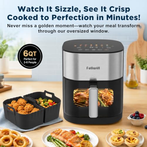 Image of Fullwill 6Qt Air Fryer Liners 2 Pack, Dual Heating, 14-in-1 /12 Presets (Wings, Steak, Fries, Pizza), 392F, 1700W, Nonstick & Dishwasher-Safe Basket, PFOA-Free,Reusable Liners Baskets