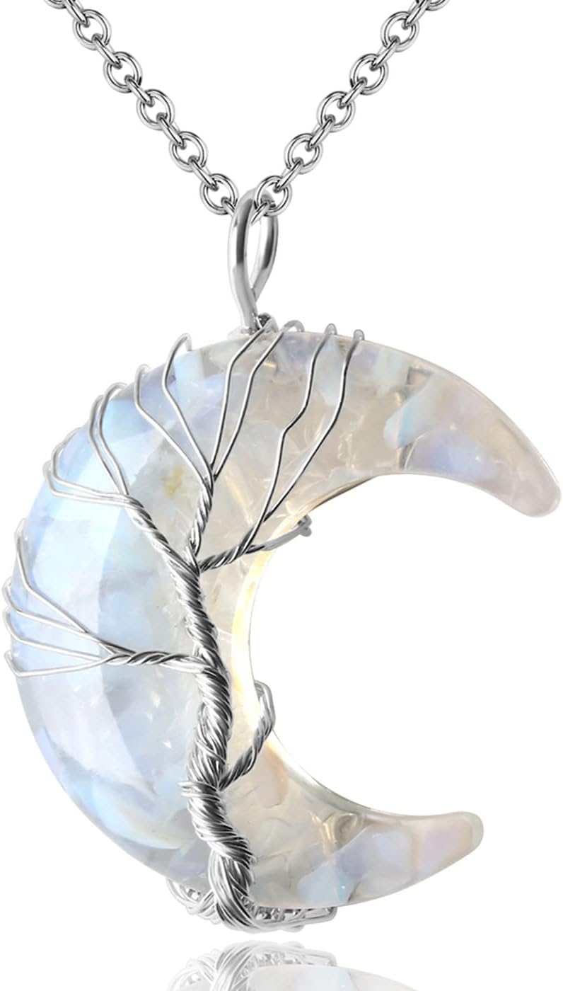 XIANNVXICrystal Necklace for Women Crescent Moon Necklace Goth Necklace Gothic Gifts Witchy Gifts Healing Crystal Pendant Tree of Life Necklace Jewellery for Women