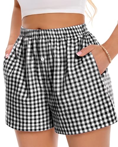 Image of Women Boxer Shorts Summer Gingham Pj Casual Plaid Bottoms with Pocket