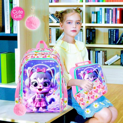 Image of CCJPX 3Pcs Cat Backpack for Girls, 16 inch Kids Bookbag with Lunch Box, Water Resistant Elementary School Bag for Kindergarten Preschool Toddler (Pink)