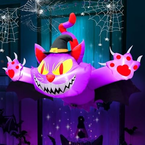 UniqSeason 4.5FT Halloween Inflatable Purple Cat, Blow up Halloween Decoration Broke Out from Window Built-in 3 LED for Halloween Decoration Outdoor Indoor Home Party Supplies Halloween Lawn Decor Cover