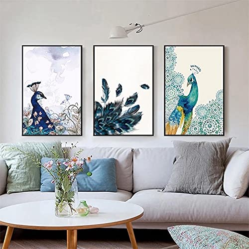 Tableau paon et fleurs pour salon : triptyque moderne chic 60x80 cm