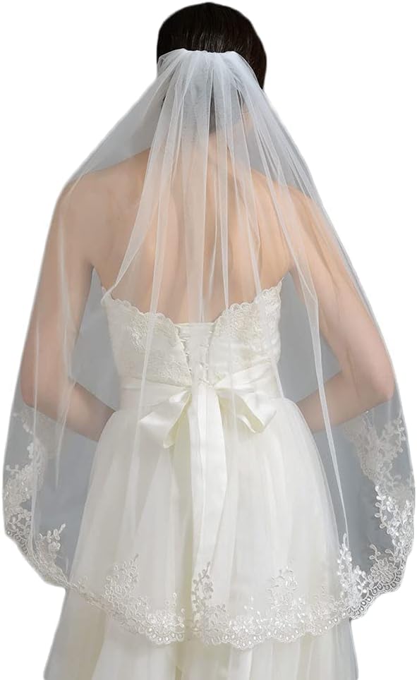 Women's Bridal Veil 1T Veil Medium Length Simple Lace Veil with Comb Veil