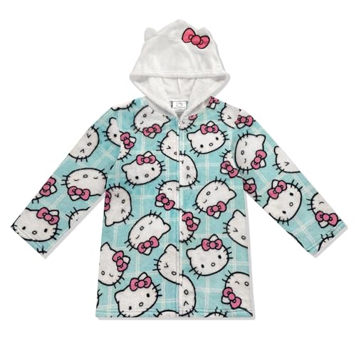 Hello Kitty Fleece Girls Robe - Super Soft Plush Hooded Bathrobe for Kids with Zipper Sleepwear Pajamas - Official Product