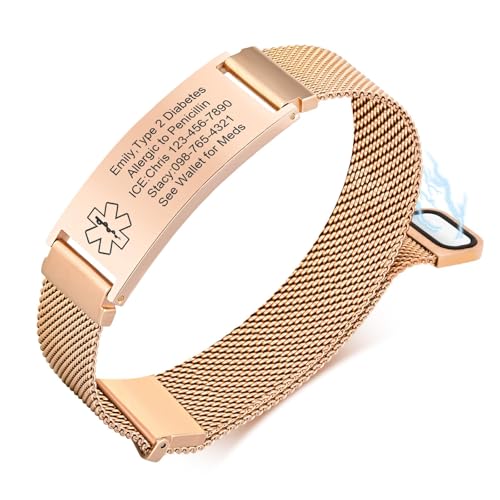 VNOX Medical Alert Id Bracelet for Men Womens Rose Gold Custom Engraving Adjustable Stainless Steel Customizable Mesh Emergency Survival Medic Bracelets Wristband Loop Band with Removeable Tag