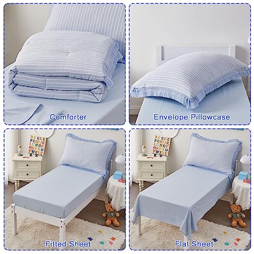 Image of VIVILINEN 4 Piece Toddler Bedding Sets for Girls Blue Tassel Fringe Toddler Bed Sets Comforter Set Jacquard Stripe Baby Crib Bed Sheets Set (Blue, Toddler - 4 Piece Set)