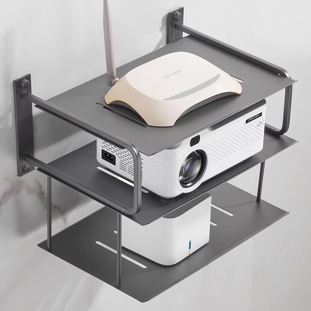 Mensola in Metallo per Router WiFi, proiettore e decoder Via Cavo, Supporto da Parete per TV, Console di Gioco, Lettore Dvd, Design a 2 Livelli (Grigio Canna di Fucile, 3