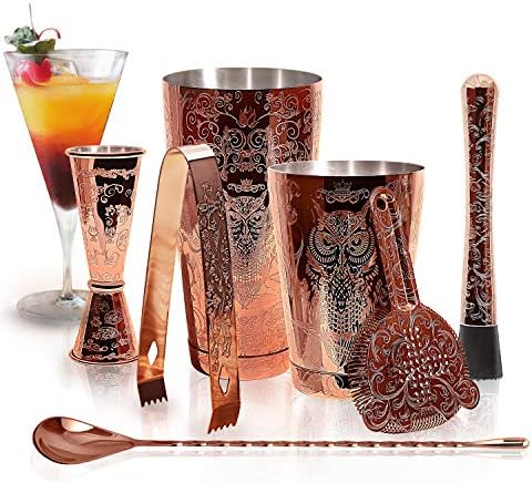 SKY FISH Bartender Kit Cocktail Shaker Set-6 Pieces Stainless Steel Copper Plated Etching Bar Tools with Boston Shaker Tins,Mixing Spoon,Mojito Muddler,Jigger,Hawthorne Strainer ,Ice Tongs