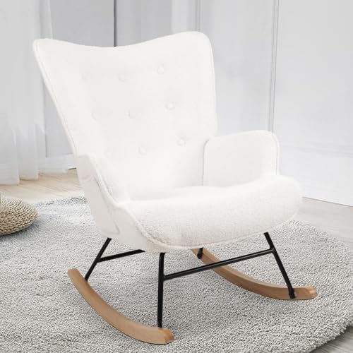OKSTENCK Rocking Chair, Teddy Upholstered Glider Rocking Chair with High Backrest Armchair Chair for Living Room Bedroom Offices (Cream White Teddy)