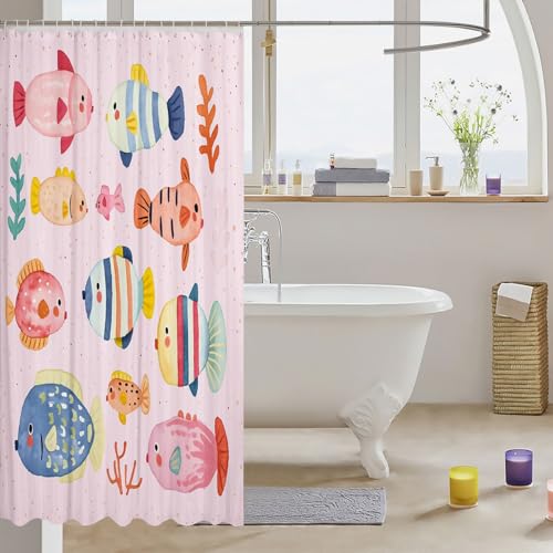 Loussiesd Netter Fisch Duschvorhang 180x180cm für Kinder Mädchen Jungs Karikatur Ozean Meer Duschvorhang Textil Aquarell Fischen Duschvorhang Zimmer Dekorationen Duschvorhang Textil Sammlung