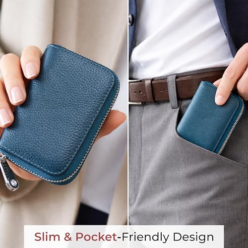 Image of VOGARD RFID Blocking Leather Card Holder Wallet for Men & Women | 12 Card Slots, 2 Cash Pockets | Zip Around Compact Wallet | Genuine Leather Credit Card Wallet (Blue)