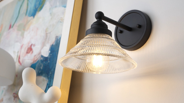 Image of Vintage Wall Sconce 1-Light with Clear Ribbed Glass Shade, Industrial Hardwired Wall Light Fixture for Bedside Living Room Vanity Bathroom Hallway