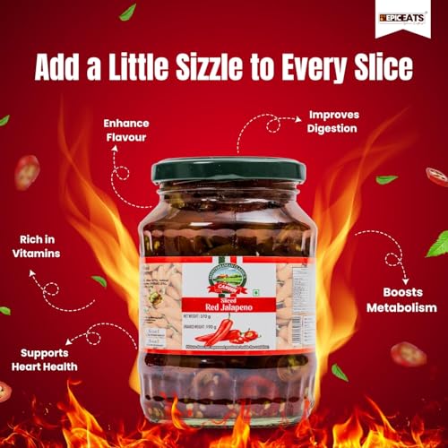 Image of CANEEN - Sliced Red Jalapenos 100% Vegan I Ready-to-Eat Fibre-Rich Topping for Pizza, Pasta, Snacks and Salads, Non-GMO (370g, Pack of 2)