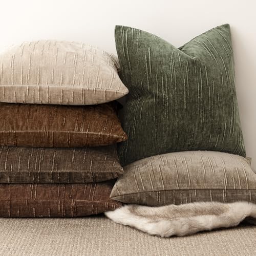 Image of Foindtower Pack of 2 Slubby Textured Chenille Throw Decorative Pillow Covers Square Accent Solid Cushion Cover Soft Farmhouse Pillow Case for Couch Sofa Bedroom Living Room 20x20 Inch,Dark Olive Green