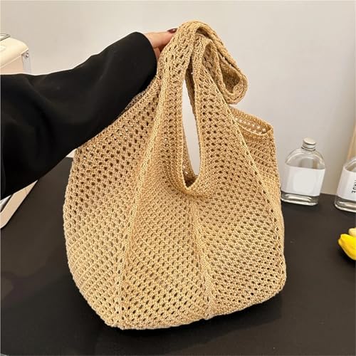 Women's Knitted Crochet Tote, Large Hollow Out Solid Color Woven Shoulder Bag, Summer Beach Mesh Bag for Café, Beach(White)2