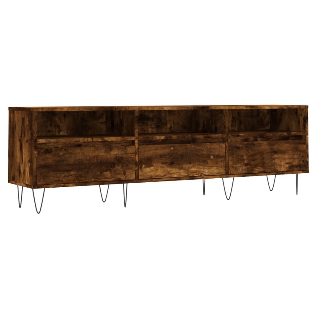 TV-Ständer für Fernseher bis zu 60 Zoll, TV-Schrank, Entertainment-Center mit 3 Schubladen, Regalen und Metallbeinen, lange Boho-Media-TV-Konsole für Wohnzimmer (D-Beine, Raucheiche)